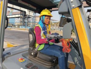 Woman operator driving electric forklift at Vedanta's Aluminium Smelter in Jharsugdua (Odisha)-3